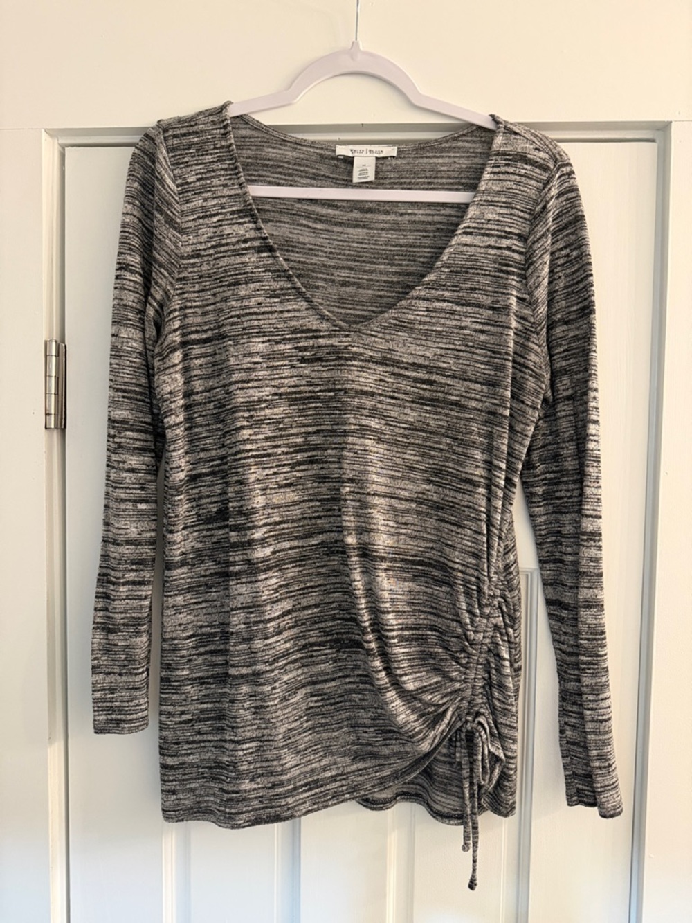 White House Black Market Gray Space-Dye V-Neck Long Sleeve with Side Tie